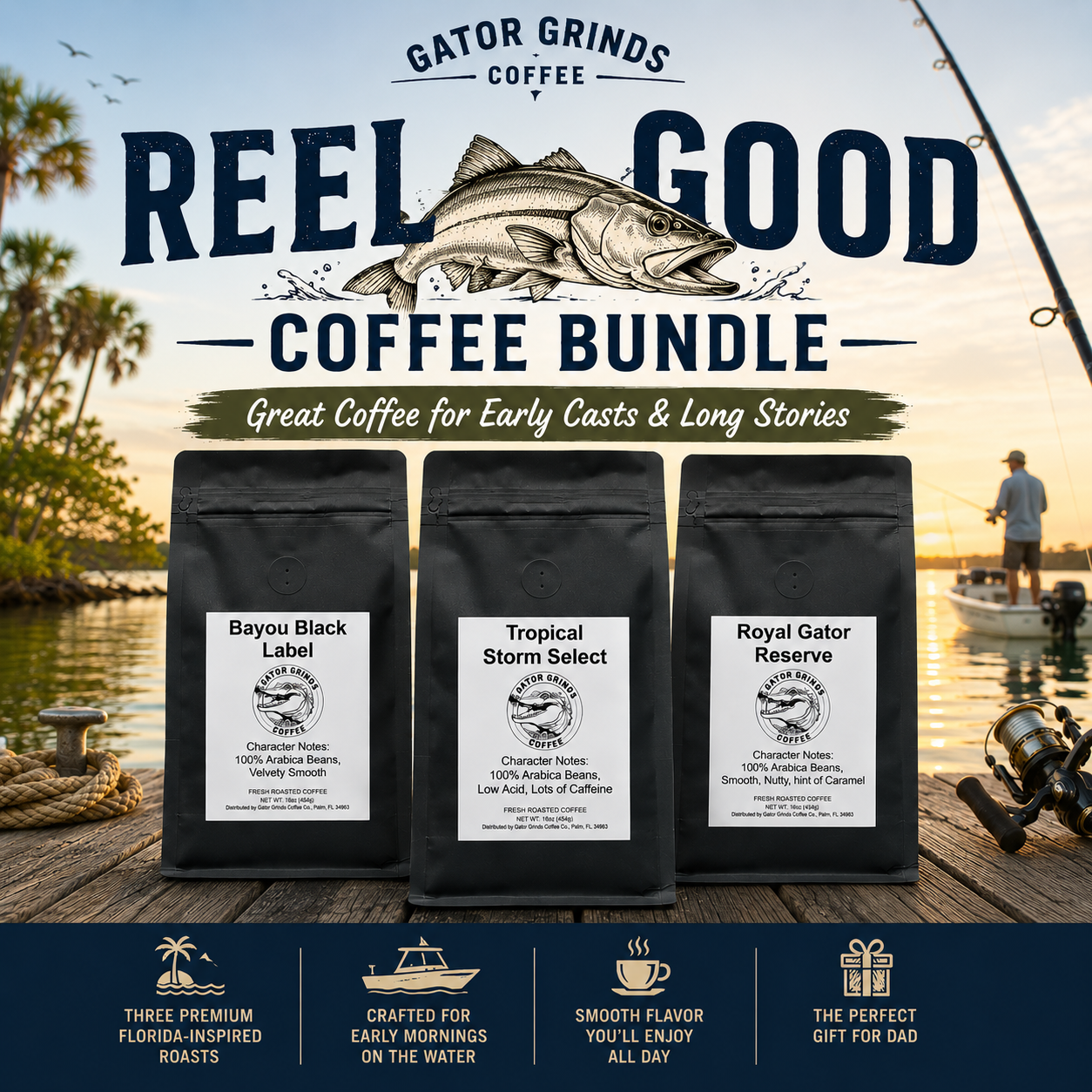 Reel Good Coffee Bundle - Bayou Black Label, Tropical Storm Select, Royal Gator Reserve